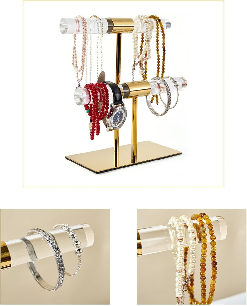 Display Stand Acrylic Jewelry Towers - Stainless Steel Long Necklaces Stand 2-Tier Crystal Tabletop Jewelry Organizer Home Decor for Store Boutique Vendors