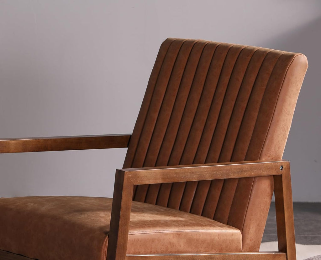 Leather Modern Rocking Chair Mid Century Armchair Upholstered Arm Chair with Padded Seat/Wood Frame, Comfy Rocker for Living Room/Bedroom, Retro Brown PU