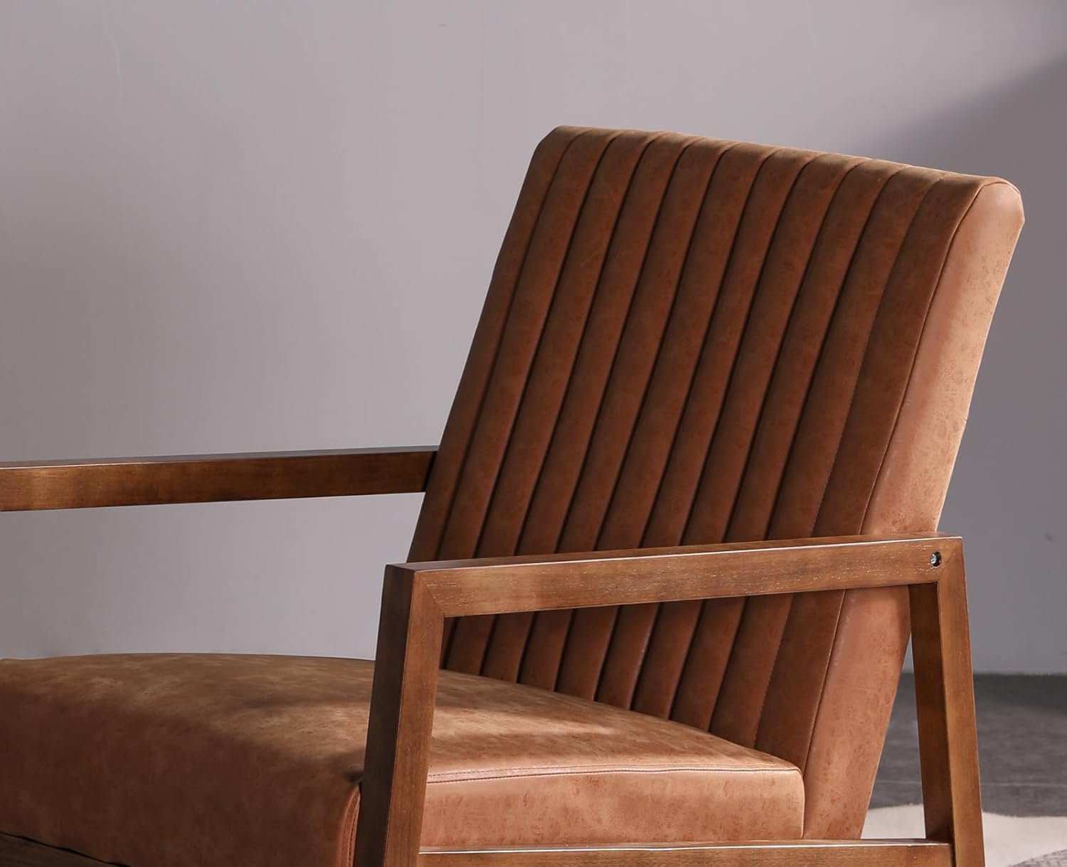 Leather Modern Rocking Chair Mid Century Armchair Upholstered Arm Chair with Padded Seat/Wood Frame, Comfy Rocker for Living Room/Bedroom, Retro Brown PU