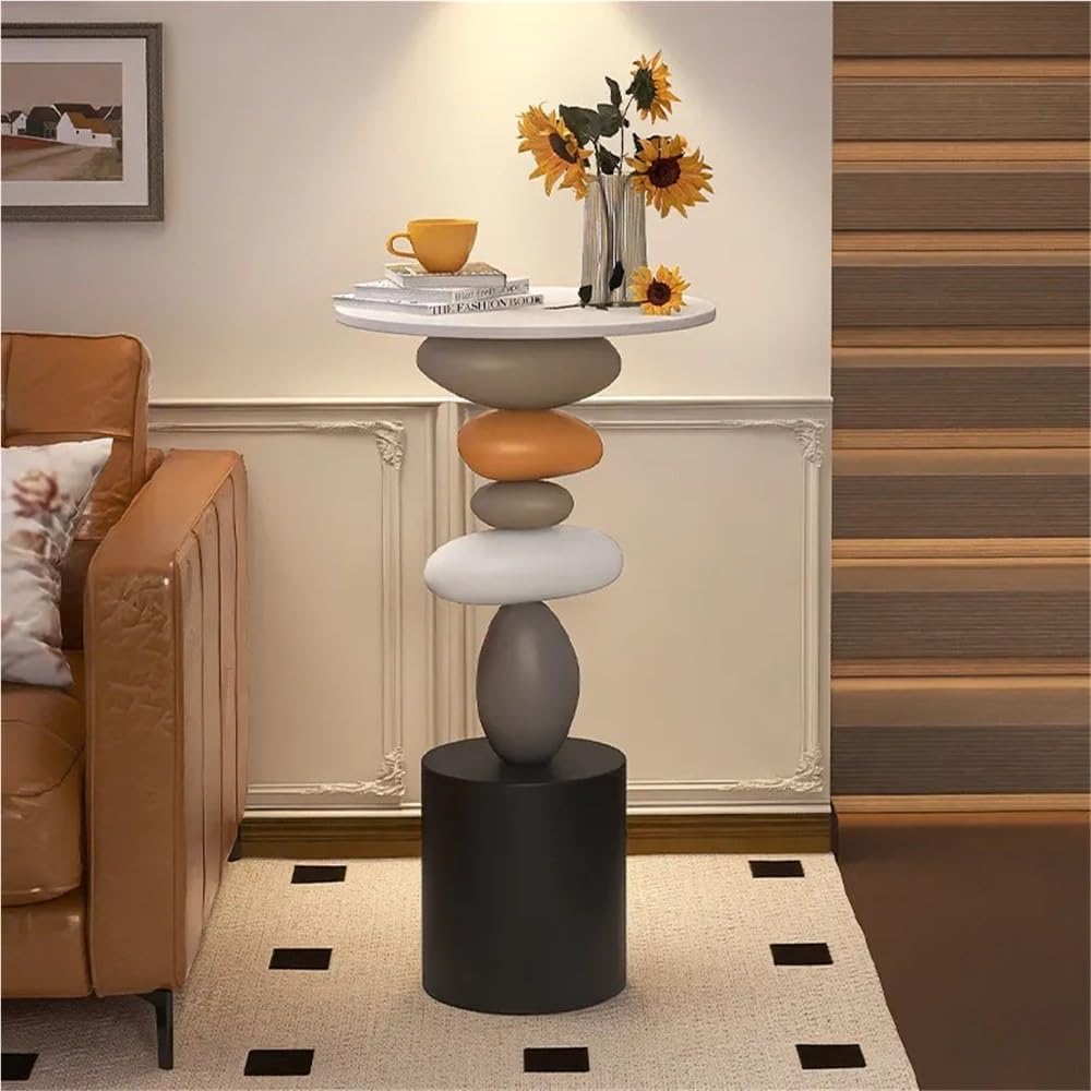 Stone-Shaped Side Table, Resin & Wood End Table, Sofa Side Table for Livi...