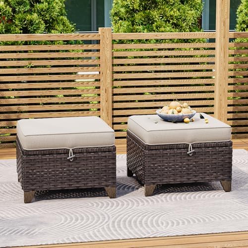 2 Pieces Patio All-Weather Wicker Ottomans with Cushions, PE Rattan Outdoor C...