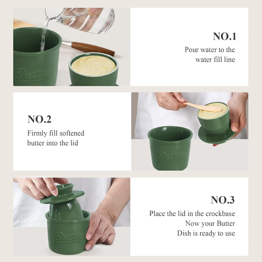 Butter Crock for Counter with Water, French Butter Keeper for Spreadable Butter Ceramic Butter Dish with Lid for Countertop, Butter Container Holder, Home Kitchen Decor (Green, M)