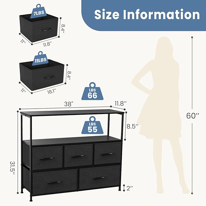 DUMOS TV Stand, Dresser with 5 Fabric Storage Drawers, Media Console Featurin...