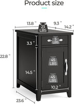 LINSY HOME End Table Set of 2 with Charging Station, Modern Farmhouse Sofa Couch Side Table, Wooden Bedside Table for Living Room Bedroom, Narrow Nightstand with Storage for Small Space, Black