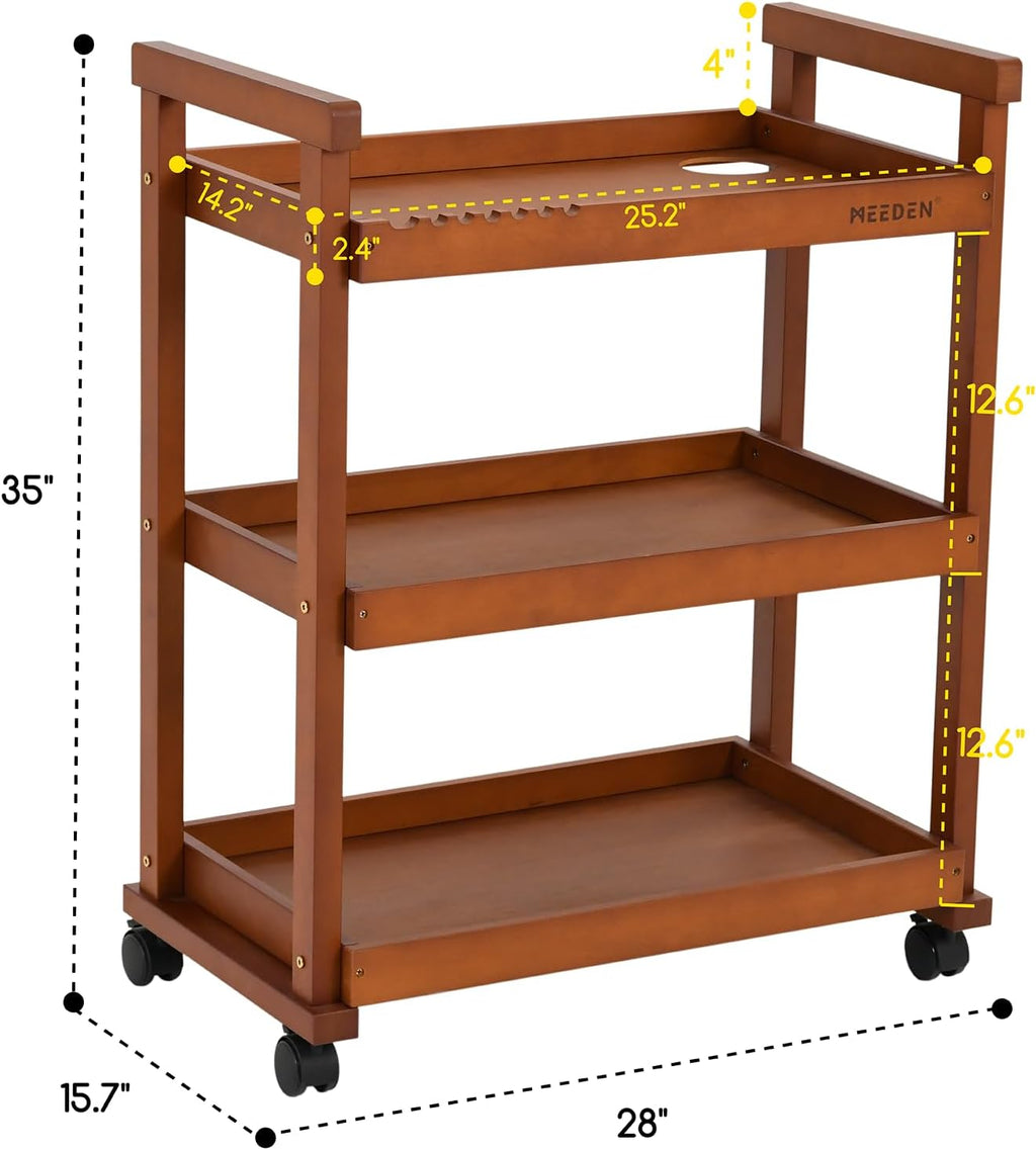 MEEDEN Art Supplies Cart, Walnut 3-Tier Multifunctional Art Storage Cart Organizer, Solid Beech Wood Studio Cart Art Taboret with Caster Wheels, Rolling Utility Cart Organizer for Artist