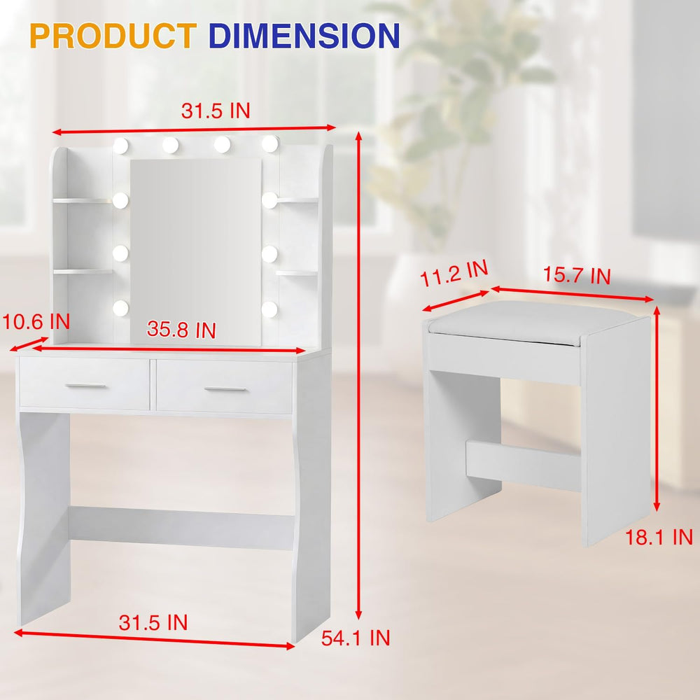‌FDW Vanity Desk with Mirror and Lights, 2-Drawer Makeup Vanity Desk with 3 A...
