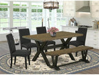 East West Furniture X676DR124-6 6 Piece Kitchen Table Set Contains a Rectangle Dining Table with X-Legs and 4 Black Color Linen Fabric Parson Chairs with a Bench, 36x60 Inch, Multi-Color
