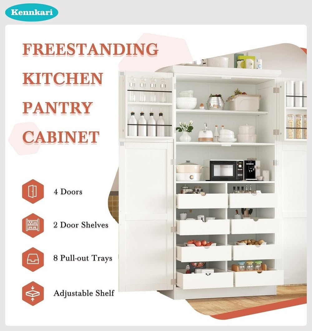 Freestanding Kitchen Pantry Cabinet with 8 Pullout Trays, Tall Storage Organi...
