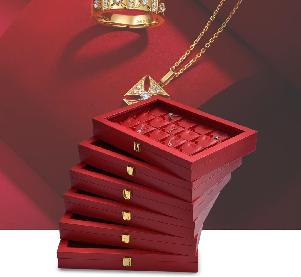 Oirlv Luxury Leather Necklace Tray with 24 Grid Removable Jewelry Cards Jewelry Organizer Box with Transparent Acrylic Lid Necklace Pendant Display Case