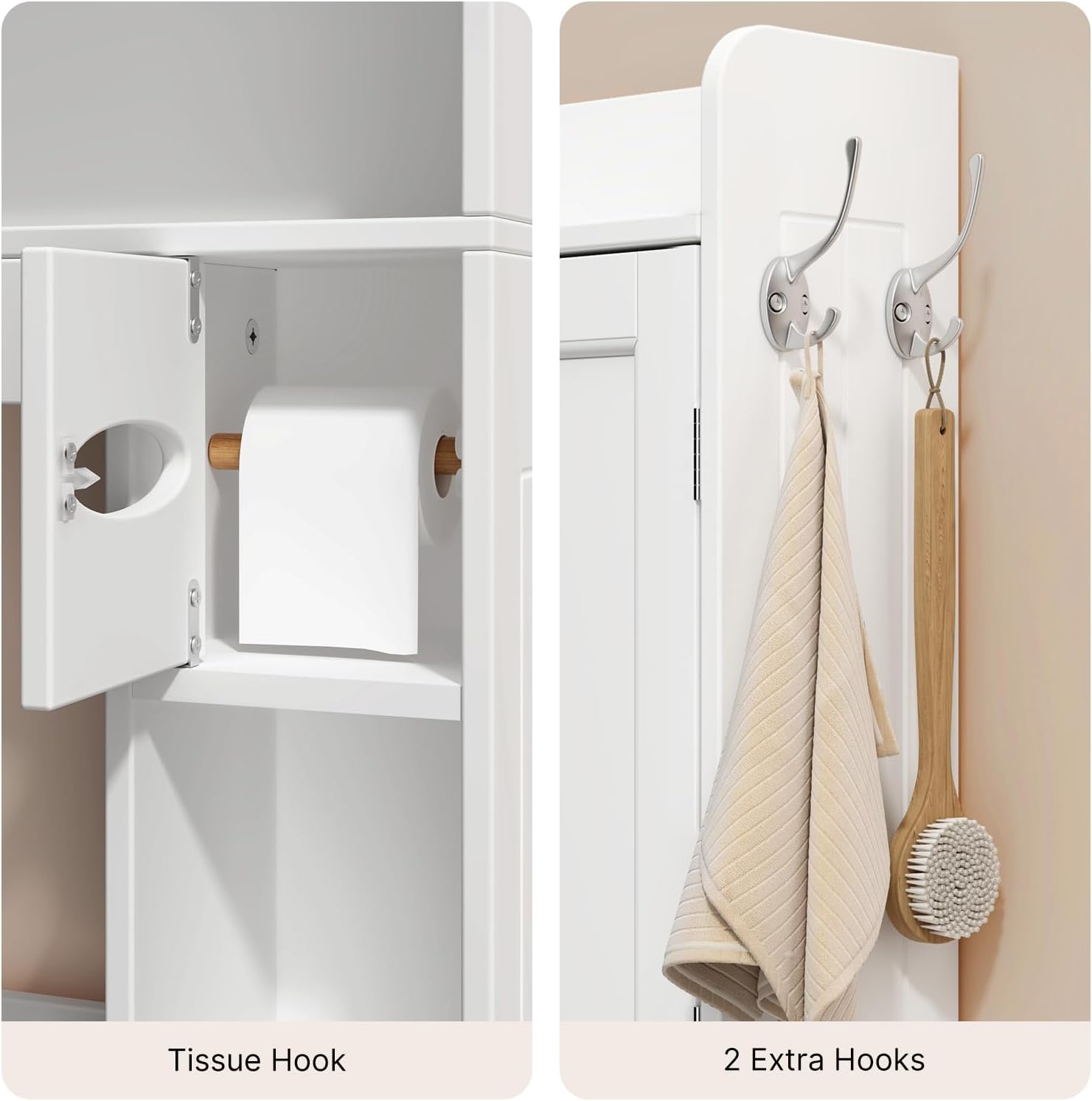 Ahomly Over The Toilet Storage Cabinet, 32.3" W Over Toilet Bathroom Organizer with Doors, Adjustable Shelves, Toilet Paper Holder, 2 Side Hooks, Space-Saver for Bathroom, Laundry, White