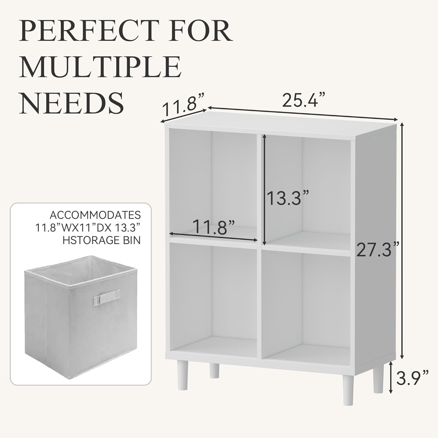 Wood Cube Storage Organizer White Bookshelf - 2-Tier Freestanding Storage Cabinet with Legs for Home Office, 4-Cubes Open Shelf