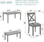 KEIKI 6-Piece Standard Height Dining Table Set with Rectangular Table, 4 Upholstered X-Shaped Backrset Chair, Bench, for 6 Person, Modern Style Table Set, Easy Assembly, for Kitchen, Dining Room, Gray