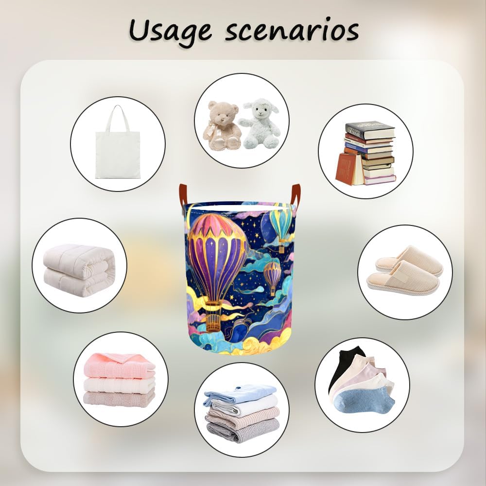 Laundry Baskets 15.7x19.7 Inch Large Hot Air Balloon Night Sky Design Collapsible Laundry Hamper with Handles Oxford Fabric Clothes Storage Bin Foldable Dirty Clothes for Bedroom Bathroom Dorm