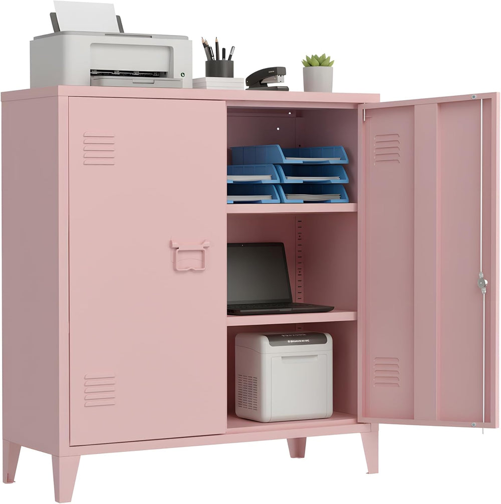 Locking Storage Cabinet Garage Metal Storage Cabinet with 2 Adjustable Shelve...