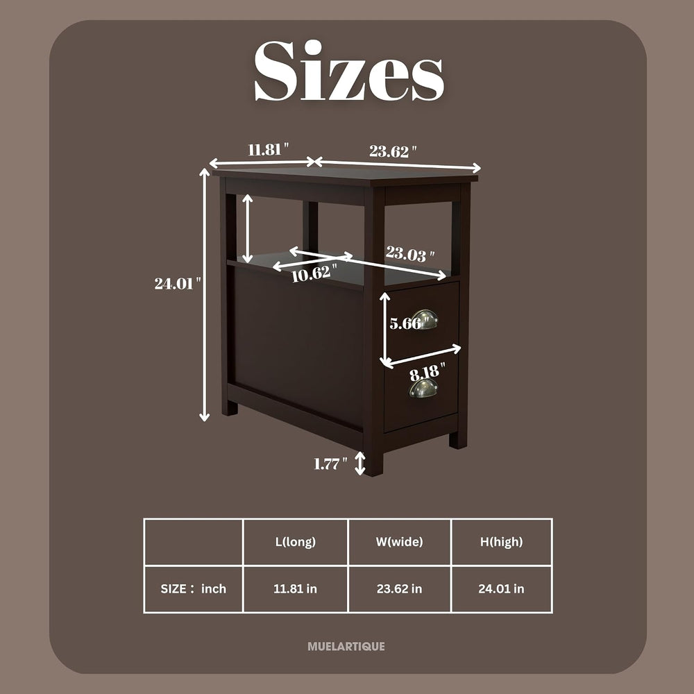 Narrow End Table with Two Drawers & Open Shelf - Brown Nightstand/Side Ta...