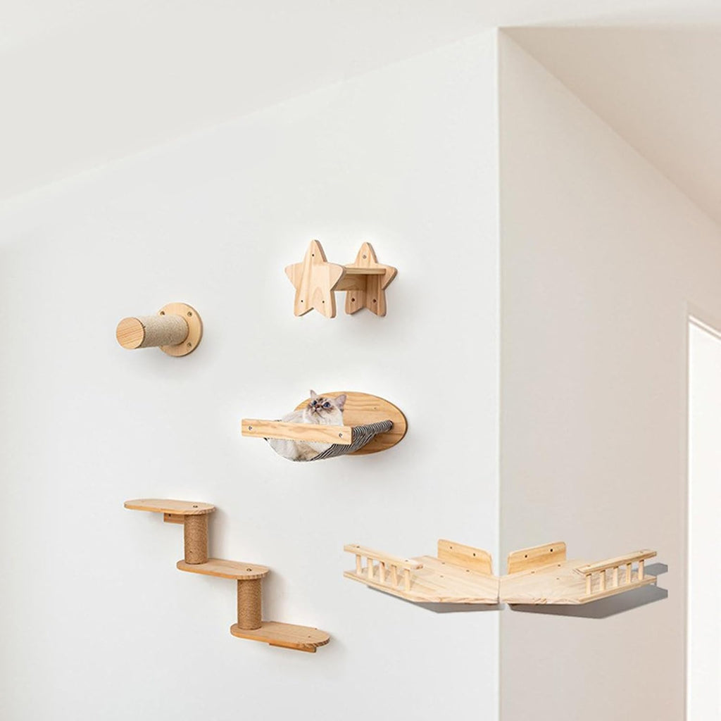 Multi-Level Wooden Wall Perch with Ladder Steps, Felt-Covered Shelves for Climbing & Jumping Activities Wooden Wall Mounted Cats Climbings Frame