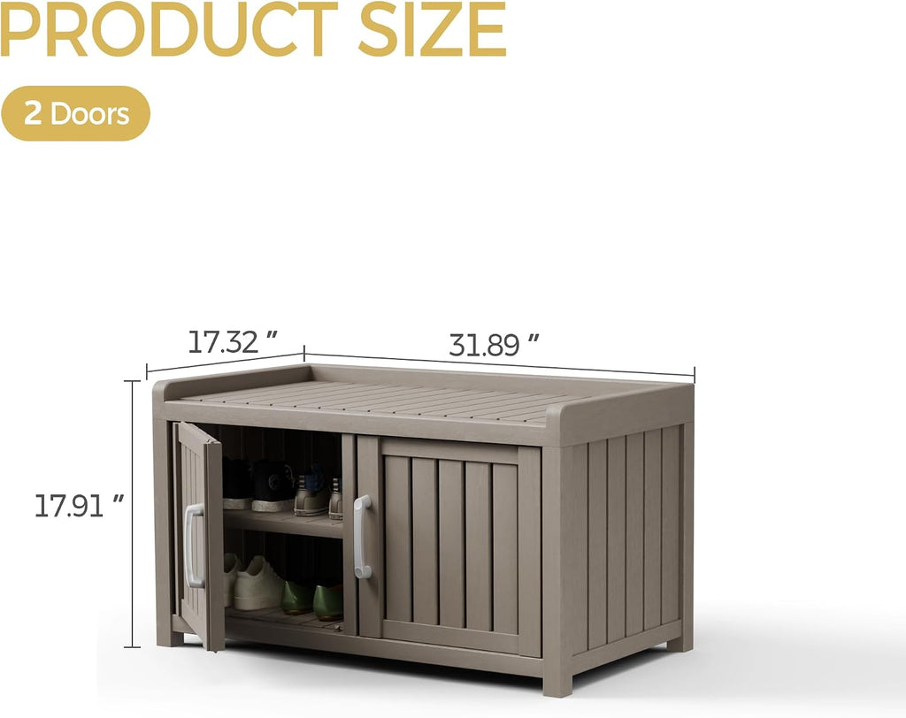 Storage Bench - 2 Doors Waterproof Resin Shoe Bench with Adjustable Shelves - Indoor & Outdoor Use, Entryway Bench with Seating for Bedroom, Living Room, Hallway - Grey