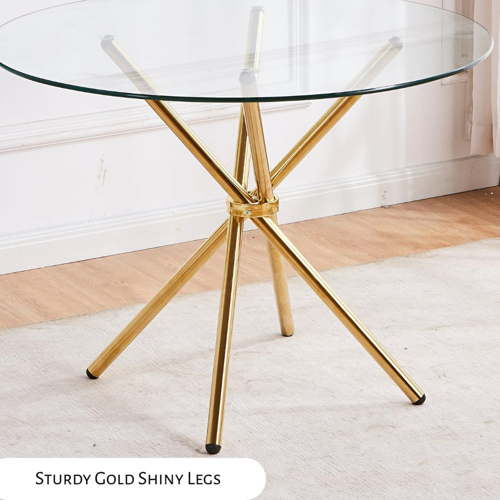 Round Glass Dining Table with Gold Criss Cross Legs, 39.5 Inch Modern Gold Ki...