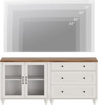 WAMPAT TV Stand for 75 Inch TV, Wood TV Cabinet Entertainment Center Television Stands for Living Room, 2-in-1 Sideboard Buffet Cabinet with Glass Door & Drawer for Kitchen, Off White