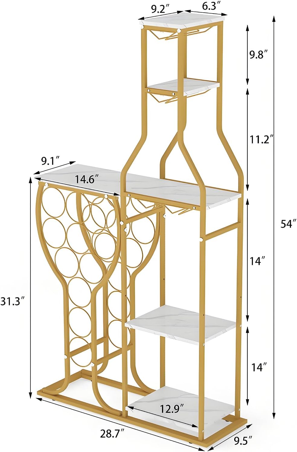 5-Tier Wine Rack Freestanding Floor, 11 Bottles Modern Wooden Wine Holder-Storage Cabinet for Home Bar, Kitchen, Dining Room Space Saving Bar Stand with Easy Assembly.(Gold/White)