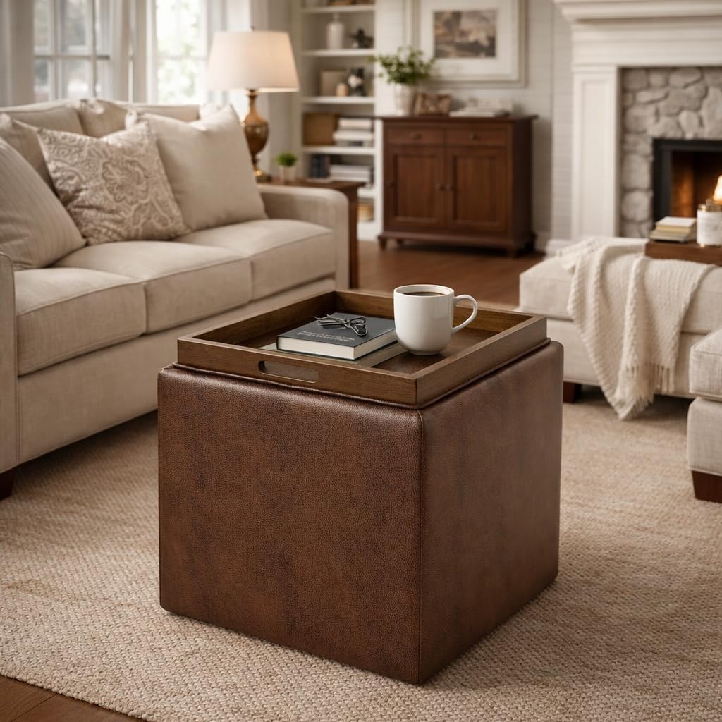 HomePop 17.5" Storage Ottoman with Tray Top - Brown Faux Leather