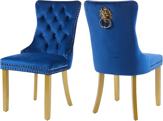 Velvet Dining Chairs Set of 2, Upholstered Dining Room Chairs with Lion Head Pulls Ring and Golden Solid Wood Legs, Modern Button Tufted Kitchen Chairs for Dining Room, Kitchen(Blue)