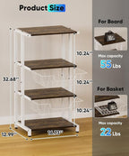 Media Stand with Two Detachable Baskets, 4-Tier AV Media Stand Corner Shelf for DVD Players/Cable Boxes/Games Consoles, Audio Storage Rack for Living Room, Gaming Room, Music Studio, White