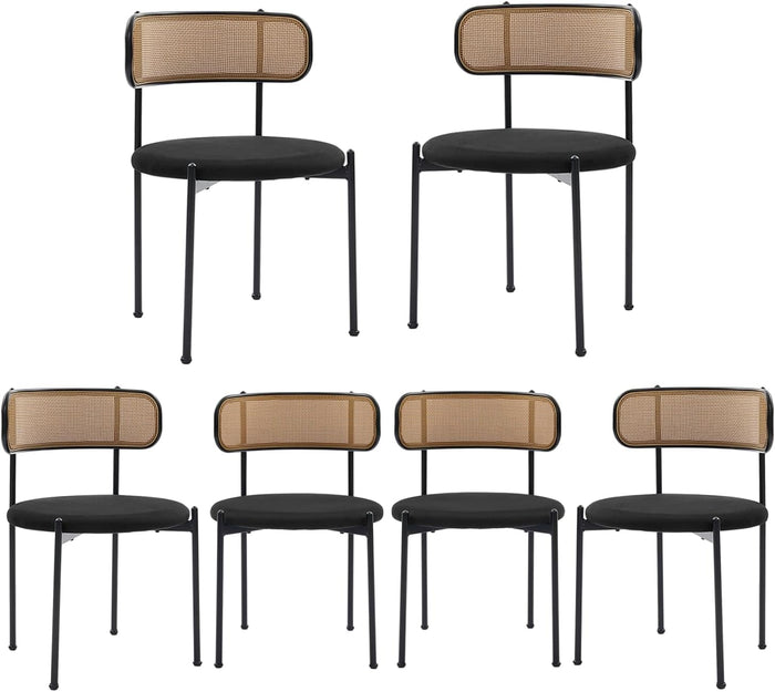 Black Rattan Dining Chairs Set of 6, Mid-Century Modern Chair with Boucle, Kitchen Dining Room Chairs for Living Room with Metal Legs, Round Upholstered Sherpa