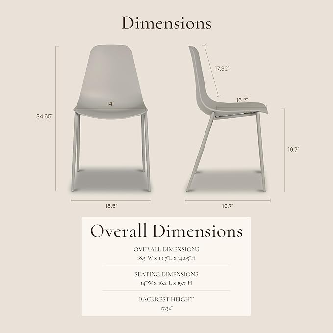 Poly & BARK Isla Modern Kitchen Chairs Set of 4 - Plastic Dining Chair with Metal Legs - Quick Assembly Simple Cafe Chairs Plastic for Indoor or Outdoor - Feather Grey