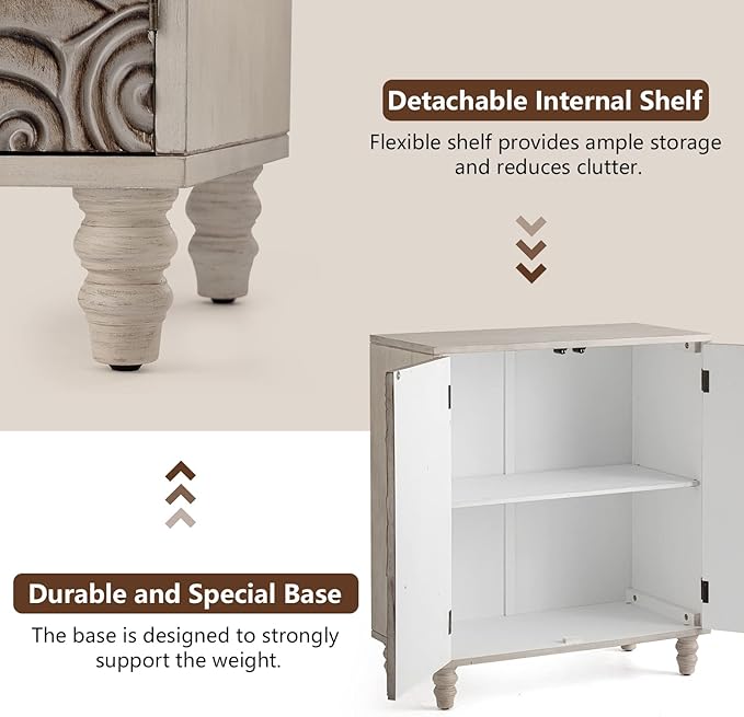 COSIEST 32" W Sideboard Buffet Cabinet with Storage, Accent Cabinet with 2 Push-to-Open Magnetic Doors, Vintage MDF Buffet Table for Living Room, Kitchen, Hallway (Gray,Flower Pattern)