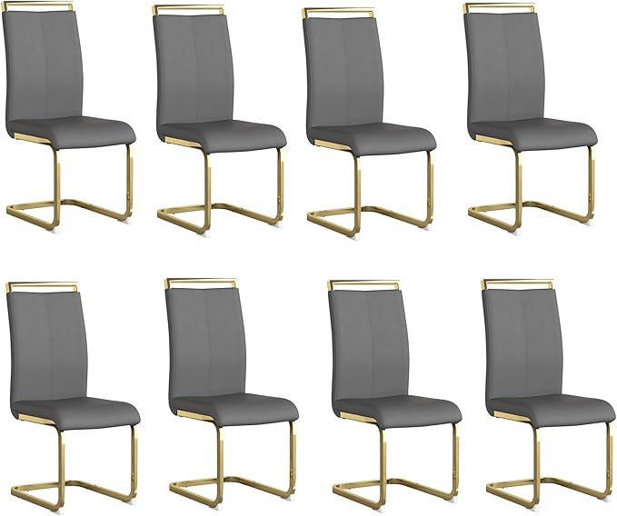 AZmac Modern Leather Dining Chairs Set of 8,Armless Kitchen Chairs,Dining Room Chairs with Upholstered Padded Seat and Sturdy Gold Legs for Dining Room,Kitchen (Set of 8, Dark Grey-Gold Leg)