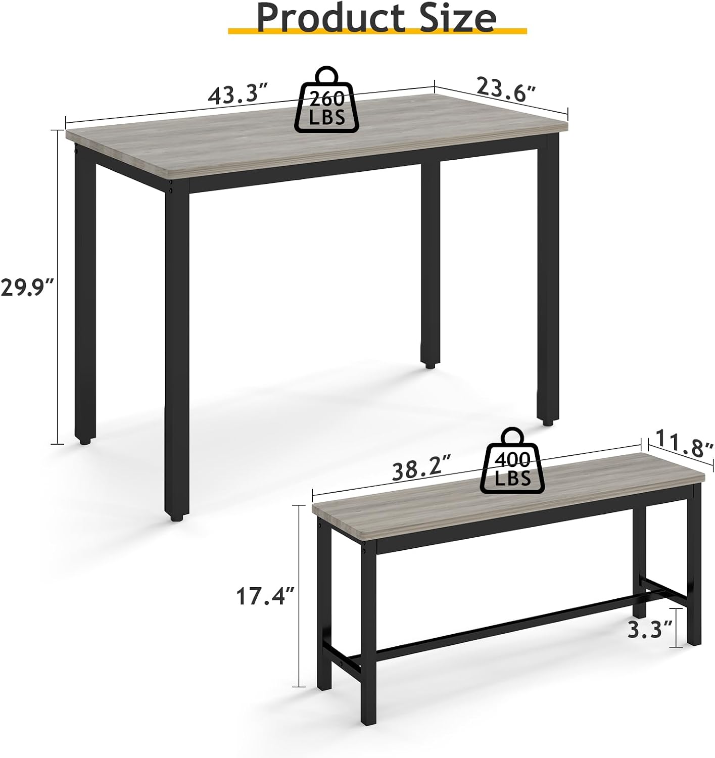 Rovibek 43" Dining Table Benches Set for 4, Modern Space Saving Kitchen Table Chairs & Adjustable Feet Breakfast Table 2 Benches, Wooden Industrial Style Farmhouse, Light Grey