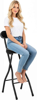 2PCS Folding Bar Stool with Back, 25.6in Round Leather Padded Portable Foldable Chair w/Cushioned Padded for Gardening Outdoor Indoor Kitchen Camping Shop Cafe, 275.58lbs Load Capacity (Black)