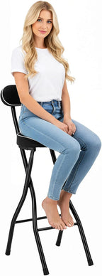 2PCS Folding Bar Stool with Back, 25.6in Round Leather Padded Portable Foldable Chair w/Cushioned Padded for Gardening Outdoor Indoor Kitchen Camping Shop Cafe, 275.58lbs Load Capacity (Black)