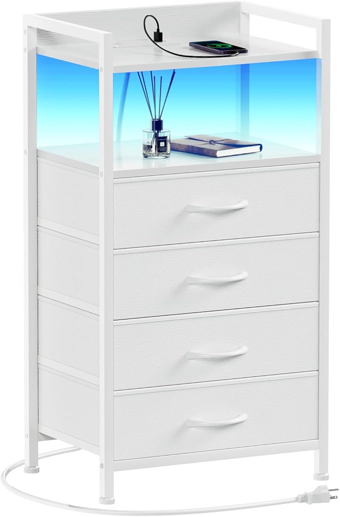 Furnulem White Nightstand with Charging Station, Night Stand Side Table with ...