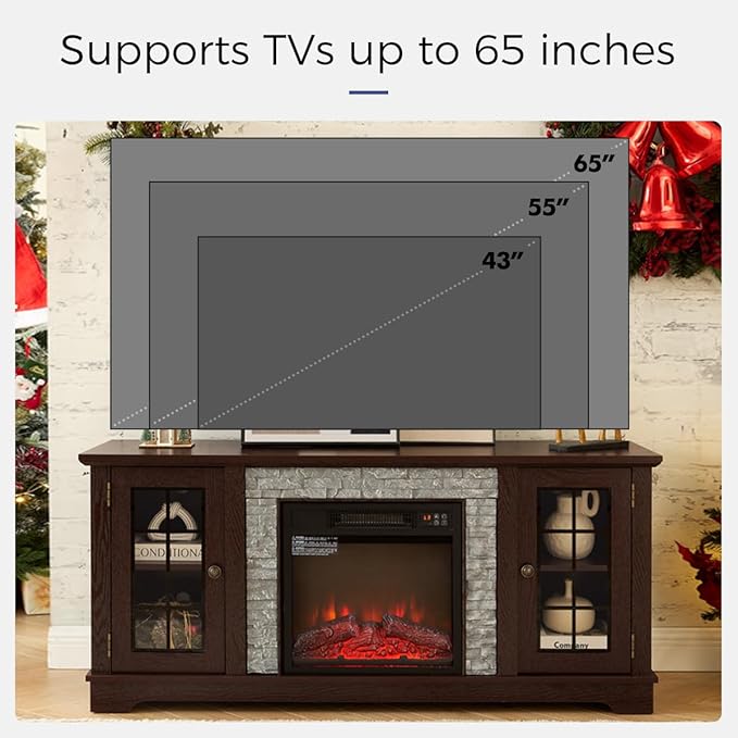TV Stand with Electric Fireplace & Storage Cabinet, Entertainment Center with 2 Glass Door, Faux Stone Media Console Table for Living Room (Cherry,58" with Fireplace)