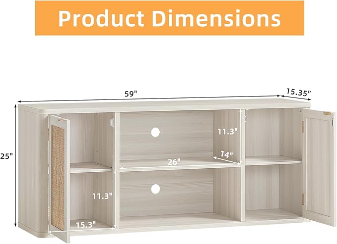 LEYAOYAO Rattan TV Stands for Living Room, Boho Entertainment Center with Storage and Open Shelf, Wood Media Console for 50-65 Inch TV, Grey White