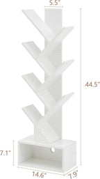Hoctieon 6 Tier Tree Bookshelf, Tall Bookcase with Drawer, Freestanding Book Shelf, Display Floor Standing Storage Shelf, Book Organizer Shelves for Home Office, Living Room, Bedroom, White