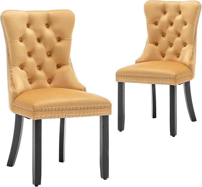 Velvet Dining Chairs Set of 2,Upholstered Dining Chairs with Ring Pull Trim and Button Back,Modern Seating for Kitchen, Bedroom & Living Room(Gold)