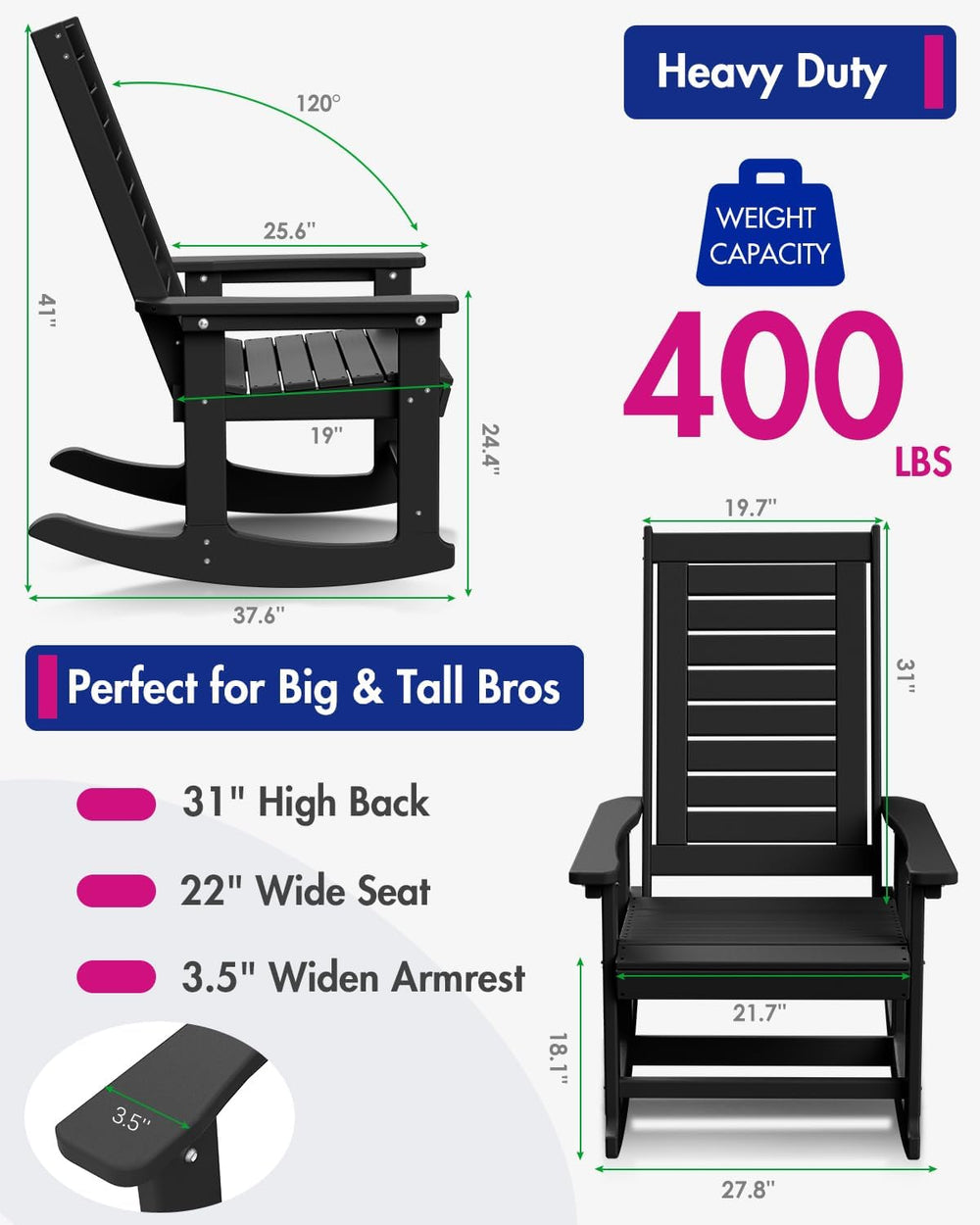 BRIOPAWS Outdoor Rocking Chairs | Set of 2 | Porch Rockers | HDPE Plastic| Bl...
