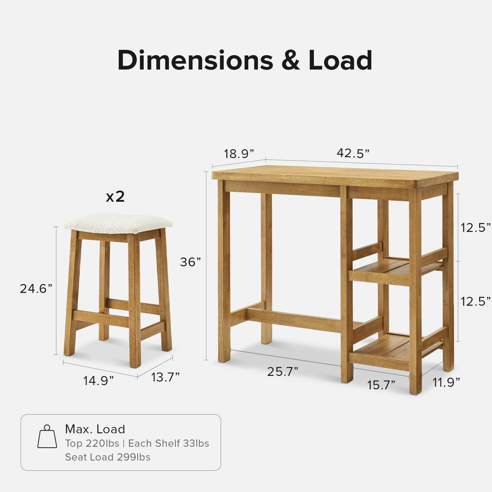 mopio Kelly Counter Table Set, 3 Piece, 2 Stools, Solid Wood