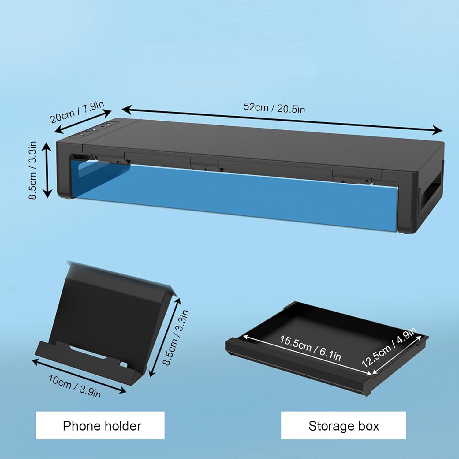 Monitor Stand Riser with 8 in 1 Docking Station Phone Holder Drawer 25KG Bearing Ergonomic Desktop Computer Storage Shelf for Home Office Workstation ABS Aluminum Alloy Black