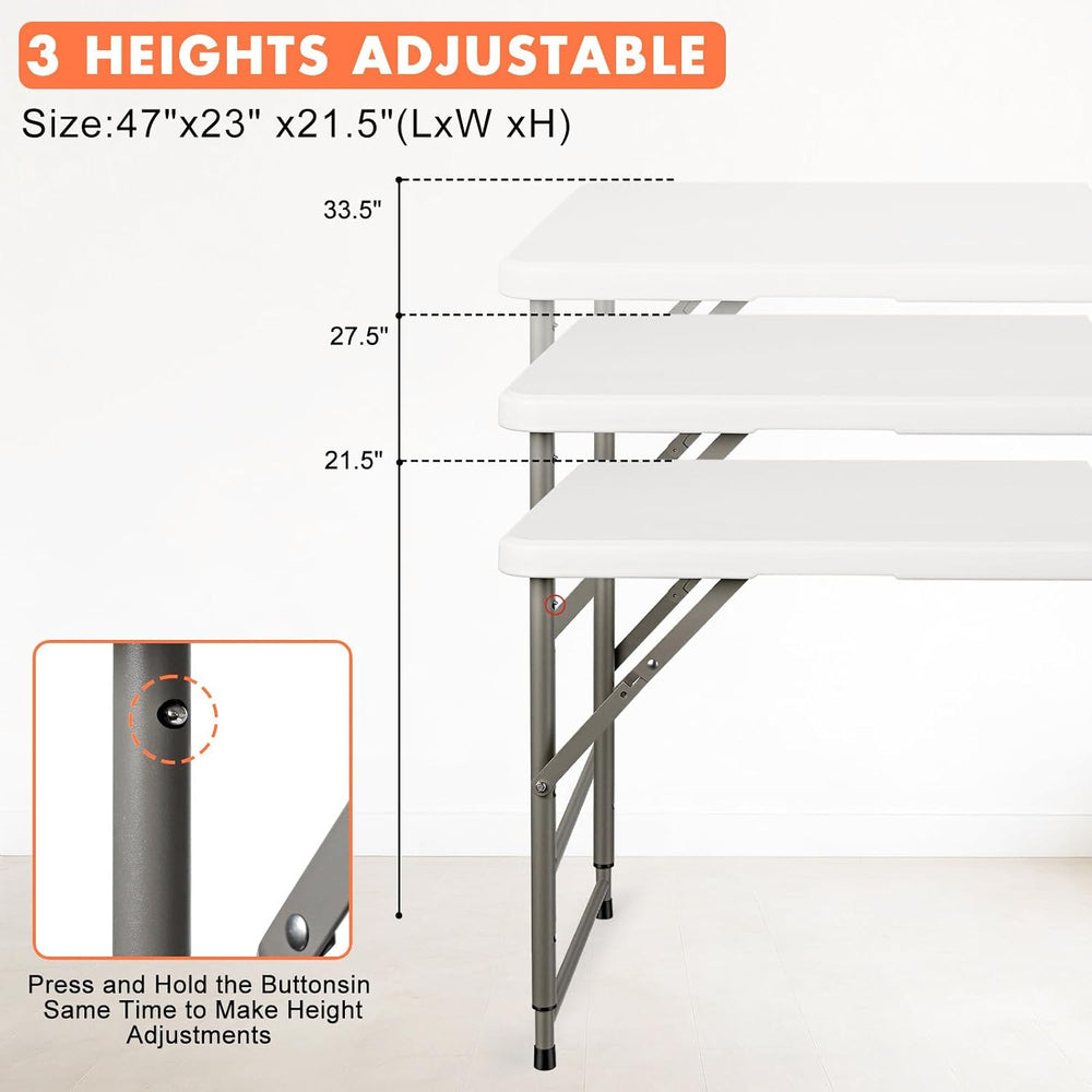4 FT Folding Table, 3-Level Adjustable Height Portable Plastic Utility Table ...