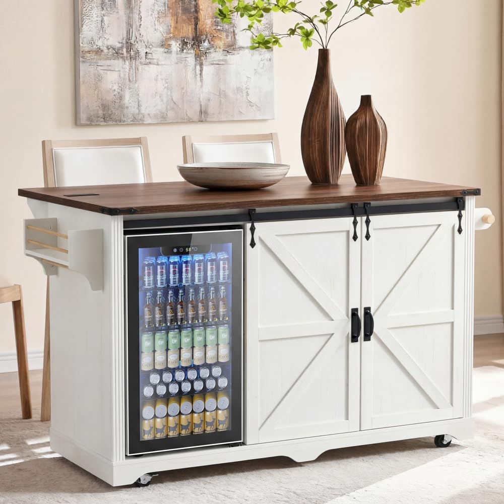 Merax 72" L White Rolling Kitchen Island with Fridge Storage Space | Cof...
