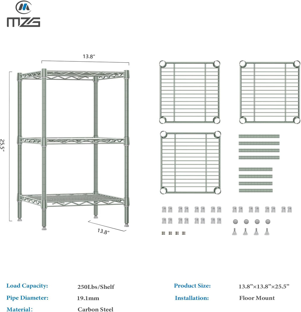750 lbs 3-Shelf Storage Shelves Wire Shelving Unit Standing Metal Rack for Small Places Narrow Wire Rack for Bathroom, Green 13.8 D x 13.8" W x 25.5" H