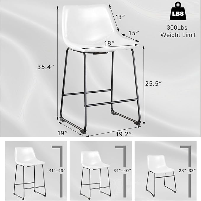 LEMBERI 26 inch Bar Stools Set of 4, Modern Counter Height Bar Stools, Faux Leather Barstool with Back and Metal Leg, Armless Bar Chairs for Kitchen Island (White, 4pcs 26")