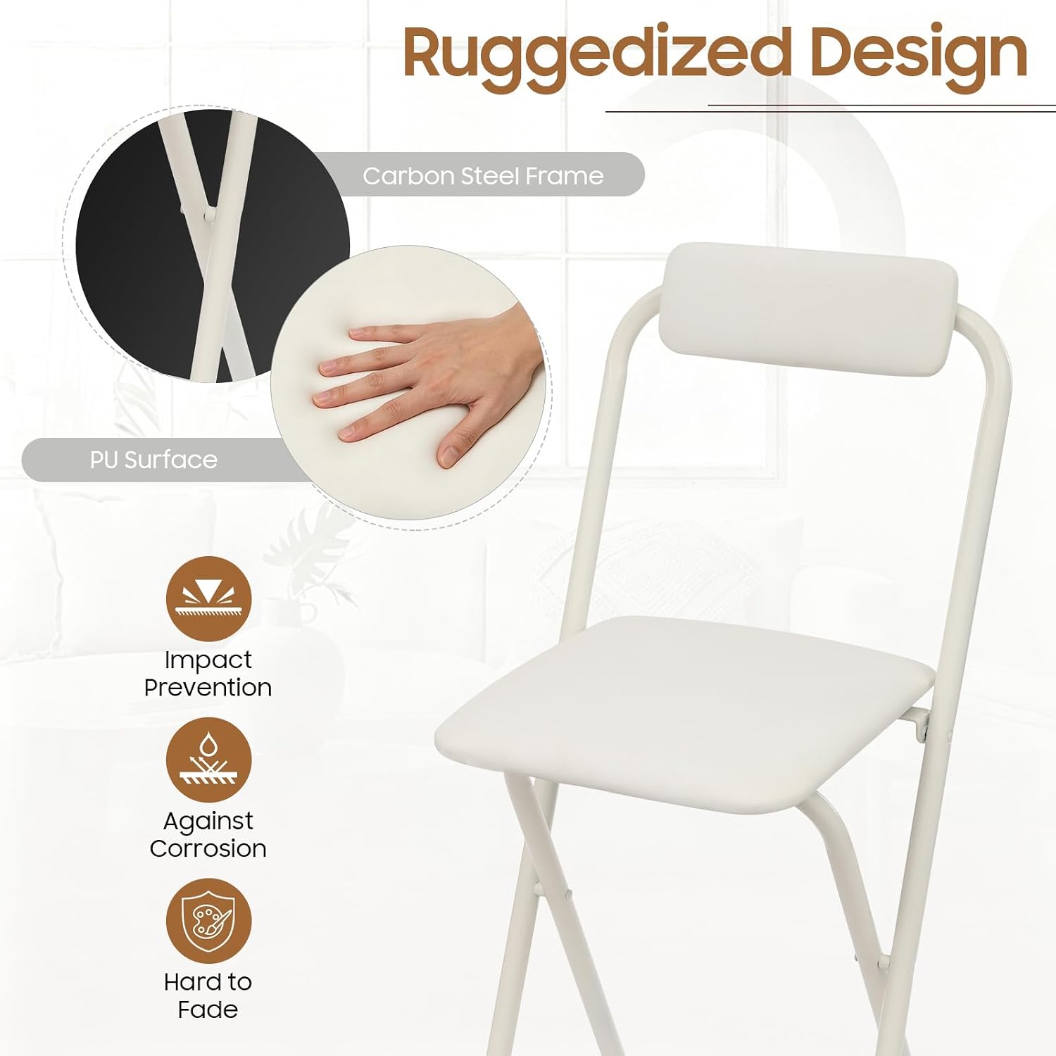 Folding Bar Stool with Backrest, 27.56" Counter Height Portable Cushioned Stool, Metal Frame Tall Chair for Kitchen Island Dining Room Cafe Dessert Shop 1 PCS Easy Storage (White)