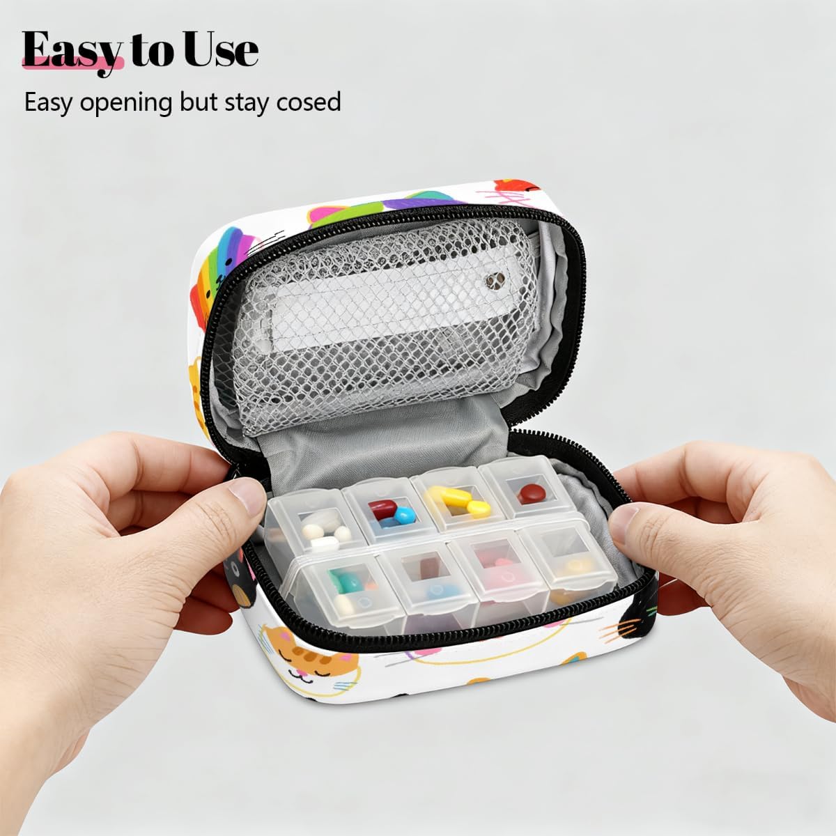 Colorful Hand Drawn Cat Pill Organizer Travel Medicine Case with Zipper Daily Vitamin Storage Bag Portable 8 Slot Weekly Pill Box Supplement Holder for Home Office Gym Travel