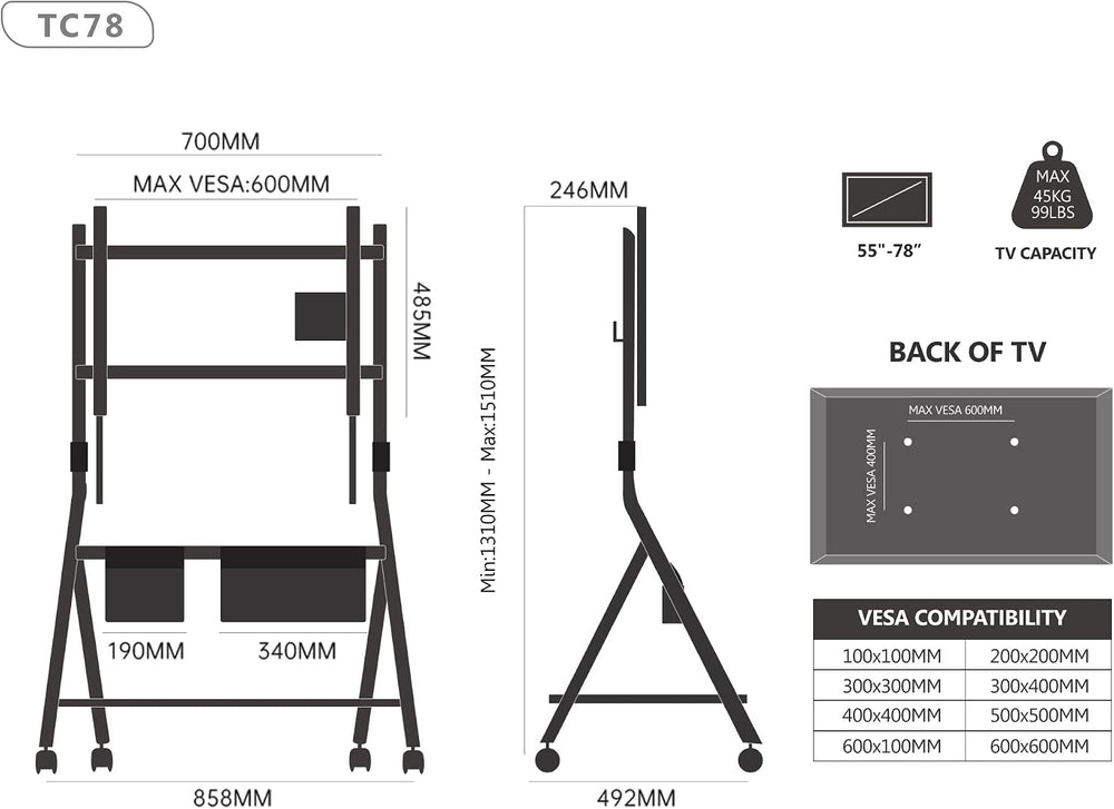 FITUEYES Mobile TV Stand for 55-78 Inch TVs with Wooden Storage Shelf, White