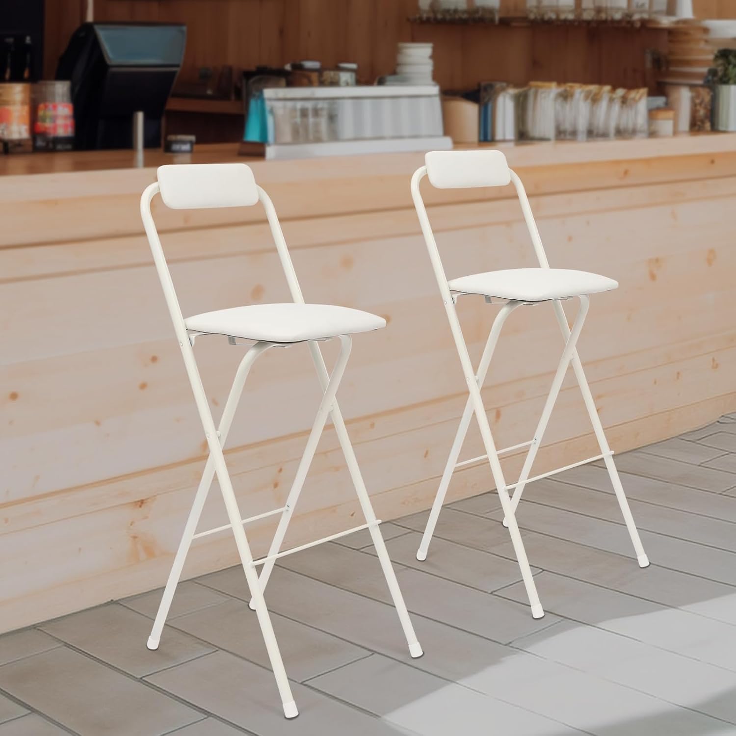 Foldable Bar Chairs Set of 2, Black & White Tall Folding Stool Chair with Backrest Portable for Indoor Outdoor, 276 LBS Capacity (White, 2 PCS)